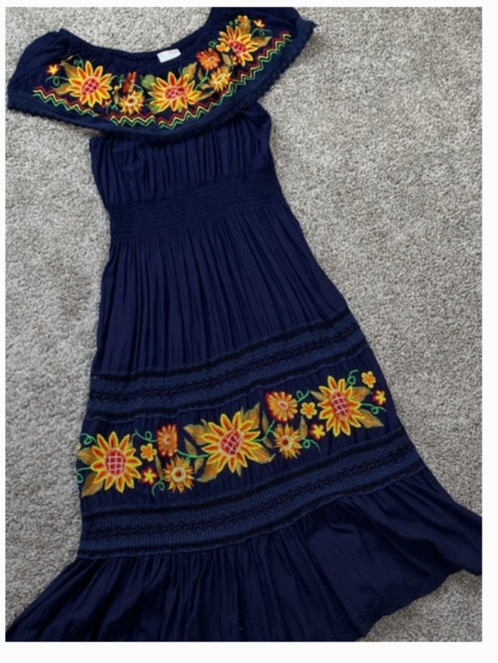 Mexican Campesina dress Embroidered Off Shoulder Ruffles Crochet Boho sz est L